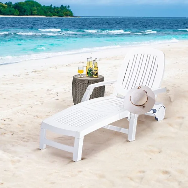 Chaise Longue Inclinable Réglable à 5 Positions avec Roues Flexibles Fauteuil Relax de Camping avec Boîte de Rangement Charge 150KG Blanc