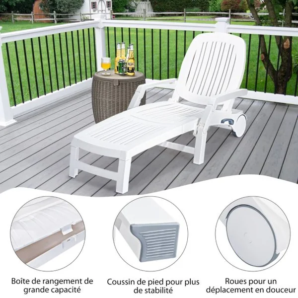 Chaise Longue Inclinable Réglable à 5 Positions avec Roues Flexibles Fauteuil Relax de Camping avec Boîte de Rangement Charge 150KG Blanc