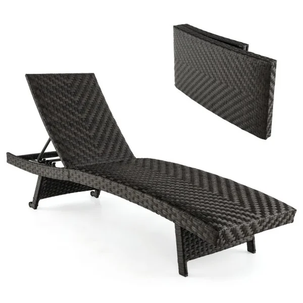 Chaise Longue Pliable en Rotin PE Dossier Inclinable à 5 Positions 2 Roues Arrière Patins Antidérapants Bain de Soleil Marron