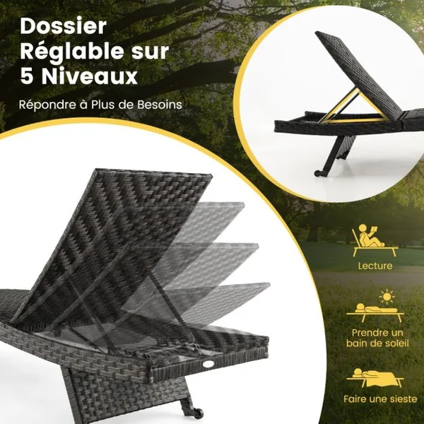 Chaise Longue Pliable en Rotin PE Dossier Inclinable à 5 Positions 2 Roues Arrière Patins Antidérapants Bain de Soleil Marron