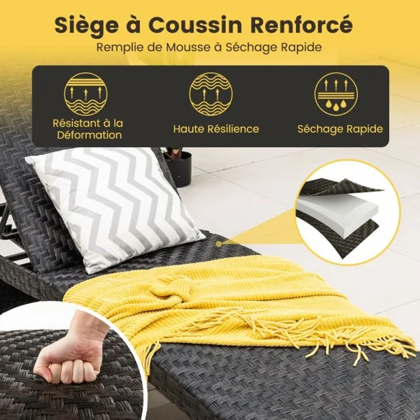 Chaise Longue Pliable en Rotin PE Dossier Inclinable à 5 Positions 2 Roues Arrière Patins Antidérapants Bain de Soleil Marron