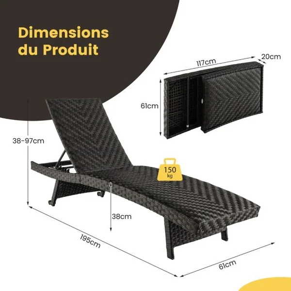 Chaise Longue Pliable en Rotin PE Dossier Inclinable à 5 Positions 2 Roues Arrière Patins Antidérapants Bain de Soleil Marron
