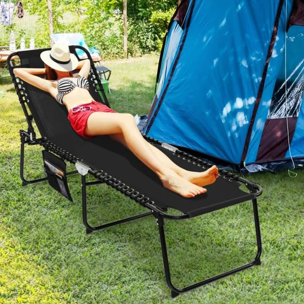Chaise Longue Pliante avec Appuie-tête Amovible Dossier Réglable à 4 Positions Acier Antirouille pour Camping Terrasse Noir/Bleu/Gris