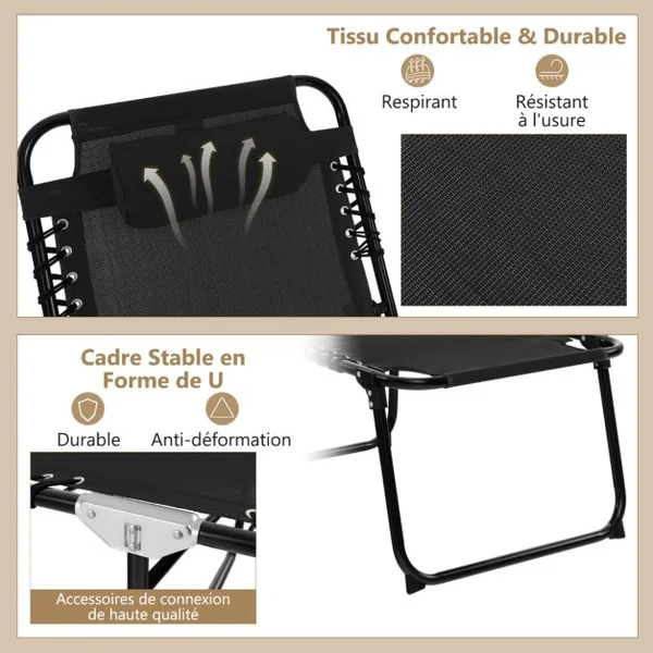Chaise Longue Pliante avec Appuie-tête Amovible Dossier Réglable à 4 Positions Acier Antirouille pour Camping Terrasse Noir/Bleu/Gris