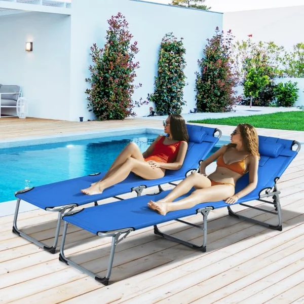 Chaise Longue Pliante avec Appuie-tête et Cavité Faciale Dossier Réglable à 5 Positions pour la Terrasse le Camping 150 kg Beige/Bleu