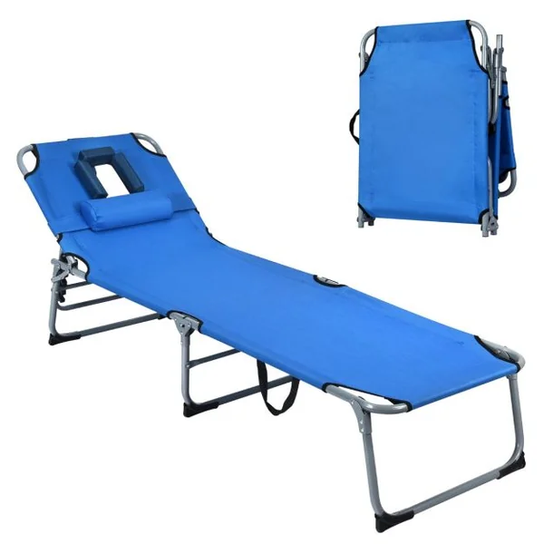 Chaise Longue Pliante avec Appuie-tête et Cavité Faciale Dossier Réglable à 5 Positions pour la Terrasse le Camping 150 kg Beige/Bleu