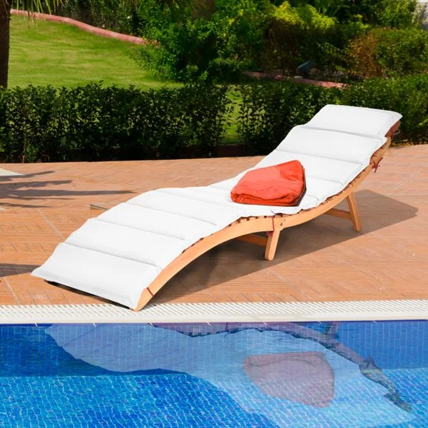 Chaise Longue Pliante d'Extérieur en Bois d'Acacia Coussin Rembourré Double Face Rouge/Blanc Chaise Longue Légère avec Appui-tête Pliable