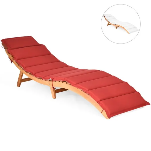 Chaise Longue Pliante d'Extérieur en Bois d'Acacia Coussin Rembourré Double Face Rouge/Blanc Chaise Longue Légère avec Appui-tête Pliable