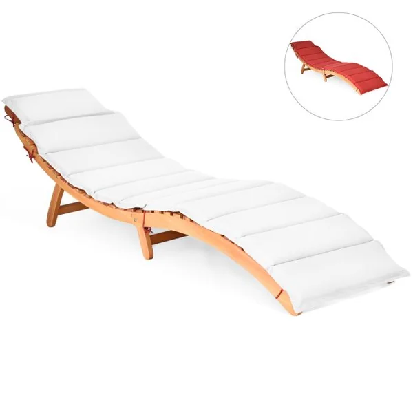 Chaise Longue Pliante d'Extérieur en Bois d'Acacia Coussin Rembourré Double Face Rouge/Blanc Chaise Longue Légère avec Appui-tête Pliable