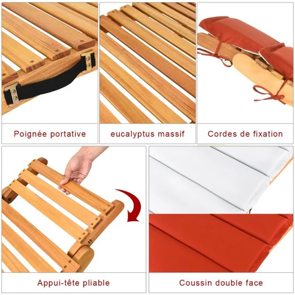 Chaise Longue Pliante d'Extérieur en Bois d'Acacia Coussin Rembourré Double Face Rouge/Blanc Chaise Longue Légère avec Appui-tête Pliable