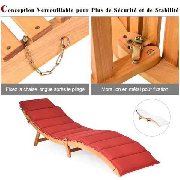 Chaise Longue Pliante d'Extérieur en Bois d'Acacia Coussin Rembourré Double Face Rouge/Blanc Chaise Longue Légère avec Appui-tête Pliable