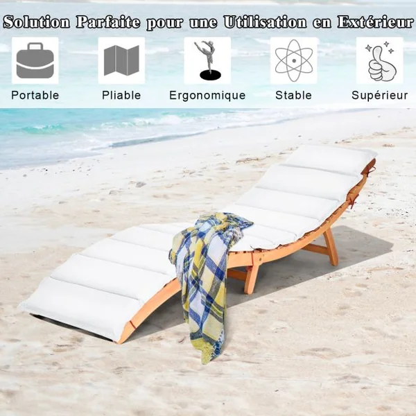 Chaise Longue Pliante d'Extérieur en Bois d'Acacia Coussin Rembourré Double Face Rouge/Blanc Chaise Longue Légère avec Appui-tête Pliable