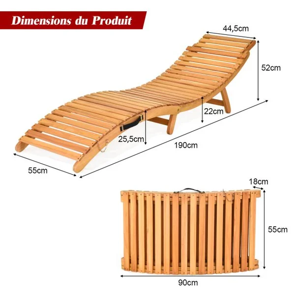 Chaise Longue Pliante d'Extérieur en Bois d'Acacia Coussin Rembourré Double Face Rouge/Blanc Chaise Longue Légère avec Appui-tête Pliable