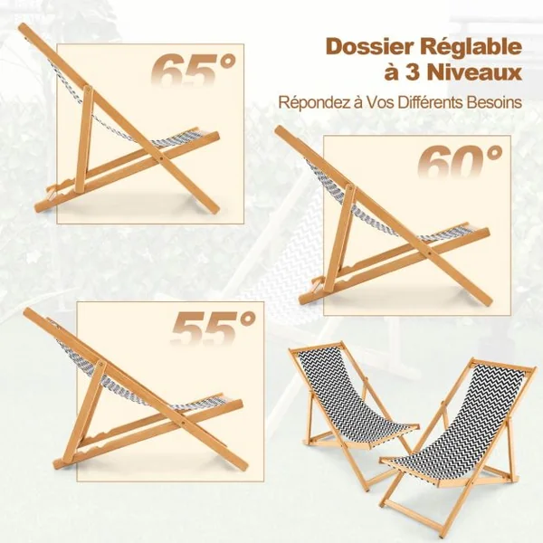 Chaise Longue Pliante en Bambou Dossier Réglable en 3 Positions Chaise Pliante Extérieur Portable pour Terrasse Piscine Cour Plage Charge 160 KG Naturel