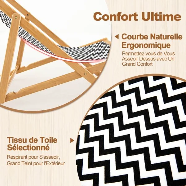 Chaise Longue Pliante en Bambou Dossier Réglable en 3 Positions Chaise Pliante Extérieur Portable pour Terrasse Piscine Cour Plage Charge 160 KG Naturel