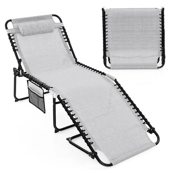 Chaise Longue Pliante Surdimensionnée Chaise Longue Portable et Inclinable avec Dossier Réglable Oreiller Amovible Poche Gris/Noir