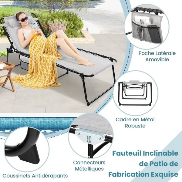 Chaise Longue Pliante Surdimensionnée Chaise Longue Portable et Inclinable avec Dossier Réglable Oreiller Amovible Poche Gris/Noir