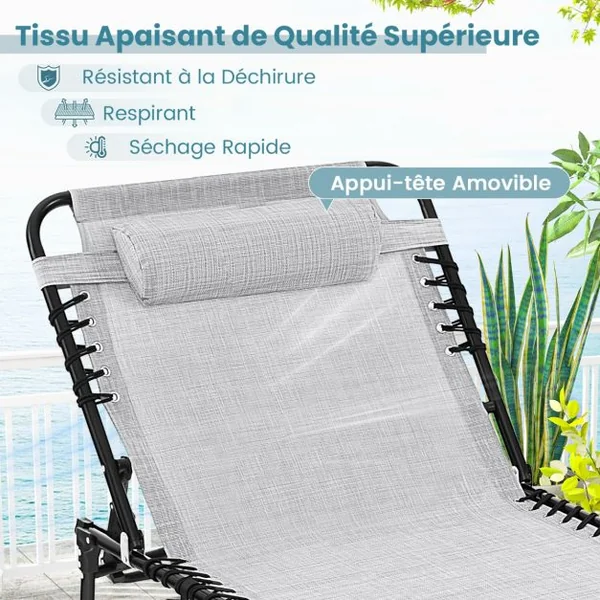 Chaise Longue Pliante Surdimensionnée Chaise Longue Portable et Inclinable avec Dossier Réglable Oreiller Amovible Poche Gris/Noir