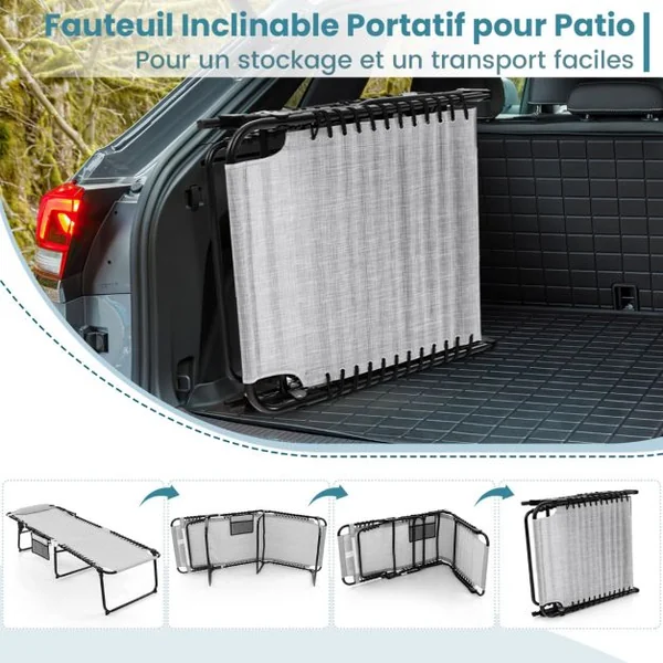 Chaise Longue Pliante Surdimensionnée Chaise Longue Portable et Inclinable avec Dossier Réglable Oreiller Amovible Poche Gris/Noir