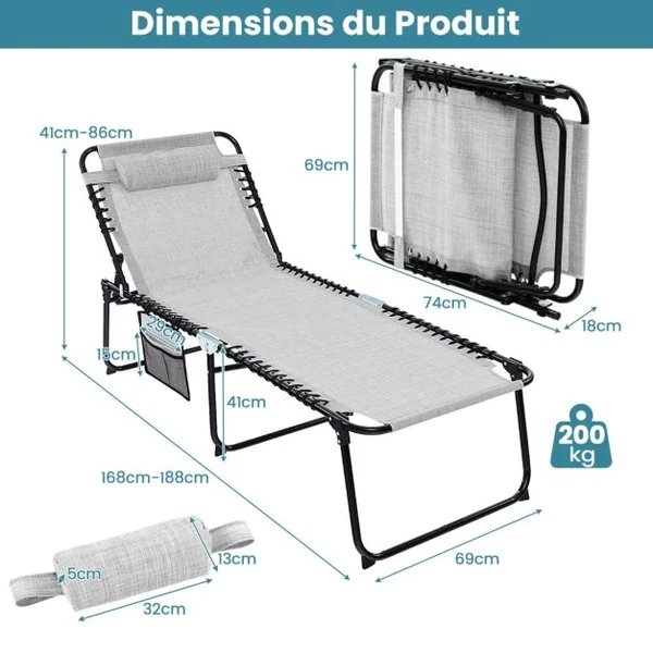 Chaise Longue Pliante Surdimensionnée Chaise Longue Portable et Inclinable avec Dossier Réglable Oreiller Amovible Poche Gris/Noir