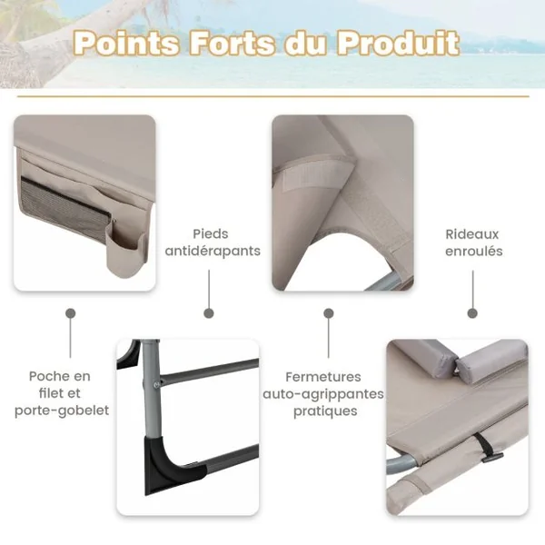 Chaise Longue Pliante à 5 Positions Repose-pieds Réglables Trou pour Le Visage Oreiller Amovible Poche de Rangement Beige/Bleu/Noir/Gris