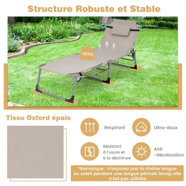 Chaise Longue Pliante à 5 Positions Repose-pieds Réglables Trou pour Le Visage Oreiller Amovible Poche de Rangement Beige/Bleu/Noir/Gris