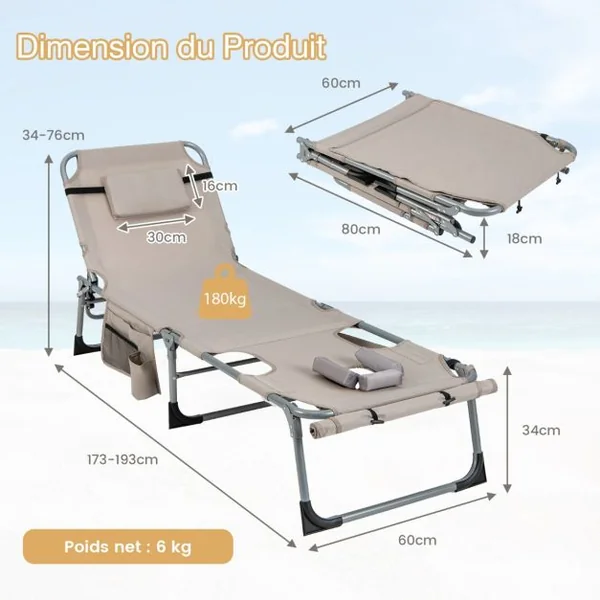 Chaise Longue Pliante à 5 Positions Repose-pieds Réglables Trou pour Le Visage Oreiller Amovible Poche de Rangement Beige/Bleu/Noir/Gris