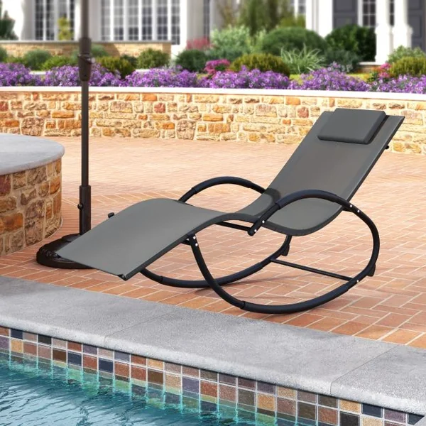 Chaise Longue à Bascule d'Extérieur Chaise à Bascule avec Appui-tête Amovible Dossier et Siège Respirants Accoudoirs Enveloppés Gris