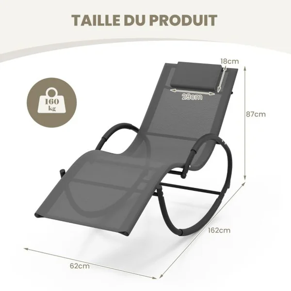 Chaise Longue à Bascule d'Extérieur Chaise à Bascule avec Appui-tête Amovible Dossier et Siège Respirants Accoudoirs Enveloppés Gris