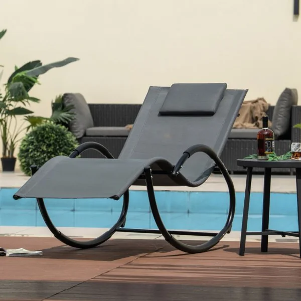Chaise Longue à Bascule d'Extérieur Chaise à Bascule avec Appui-tête Amovible Dossier et Siège Respirants Accoudoirs Enveloppés Gris