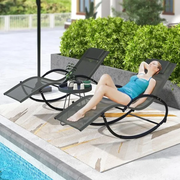 Chaise Longue à Bascule d'Extérieur Chaise à Bascule avec Appui-tête Amovible Dossier et Siège Respirants Accoudoirs Enveloppés Gris