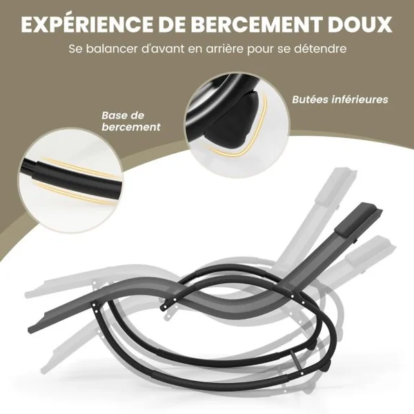 Chaise Longue à Bascule d'Extérieur Chaise à Bascule avec Appui-tête Amovible Dossier et Siège Respirants Accoudoirs Enveloppés Gris