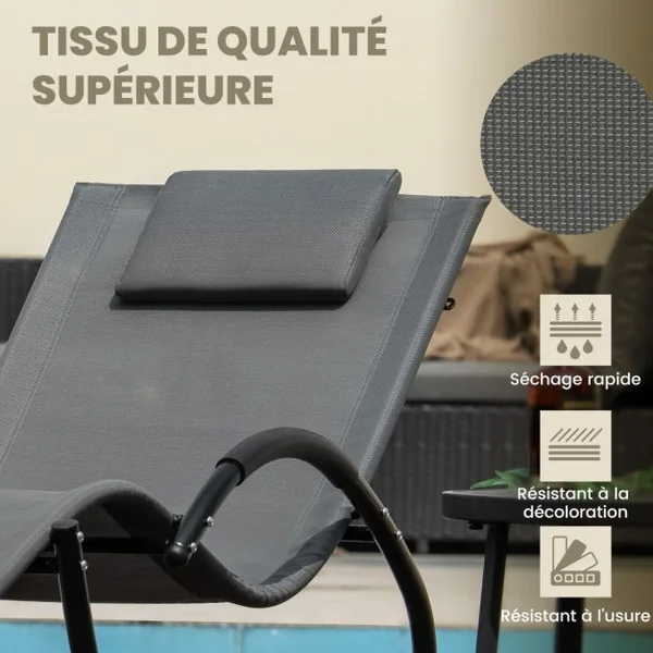Chaise Longue à Bascule d'Extérieur Chaise à Bascule avec Appui-tête Amovible Dossier et Siège Respirants Accoudoirs Enveloppés Gris