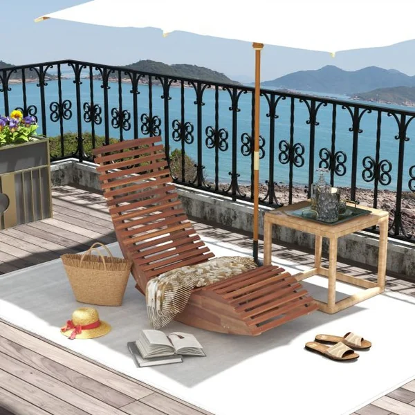Chaise Longue à Bascule en Bois d'Acacia Conception à Lattes Butées de Fond Charge Max 160KG Transat Ergonomique Naturel