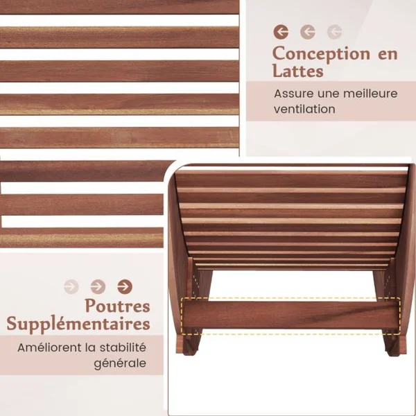Chaise Longue à Bascule en Bois d'Acacia Conception à Lattes Butées de Fond Charge Max 160KG Transat Ergonomique Naturel