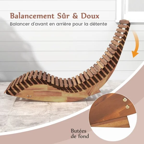 Chaise Longue à Bascule en Bois d'Acacia Conception à Lattes Butées de Fond Charge Max 160KG Transat Ergonomique Naturel