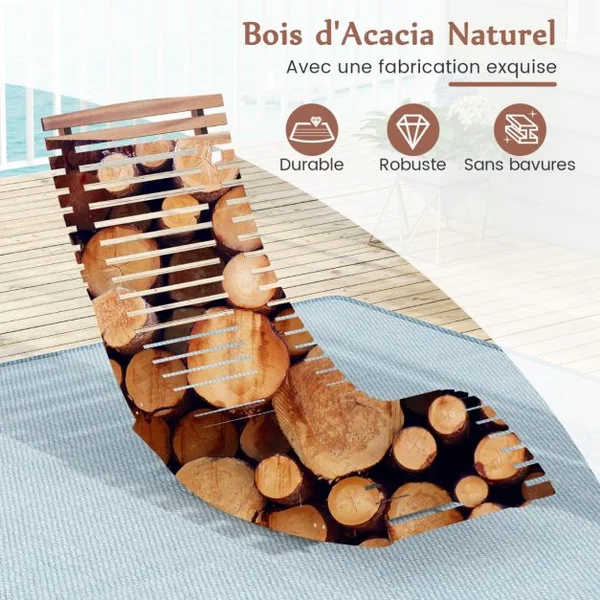 Chaise Longue à Bascule en Bois d'Acacia Conception à Lattes Butées de Fond Charge Max 160KG Transat Ergonomique Naturel