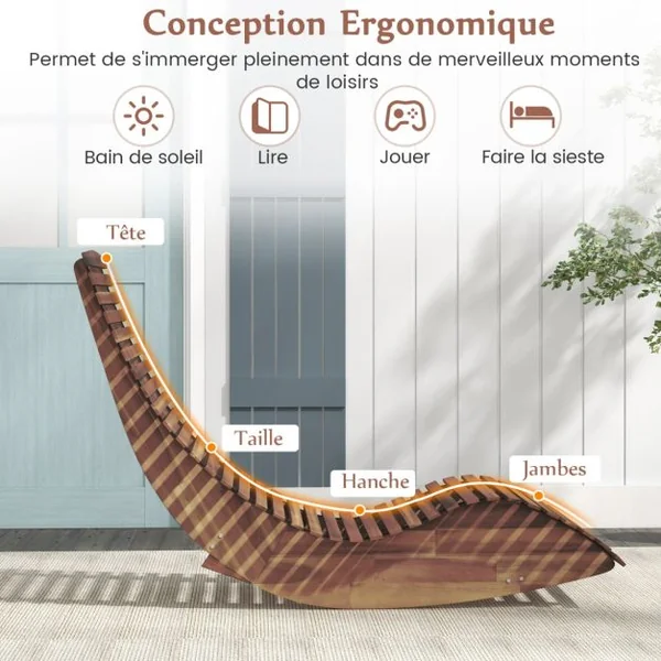 Chaise Longue à Bascule en Bois d'Acacia Conception à Lattes Butées de Fond Charge Max 160KG Transat Ergonomique Naturel