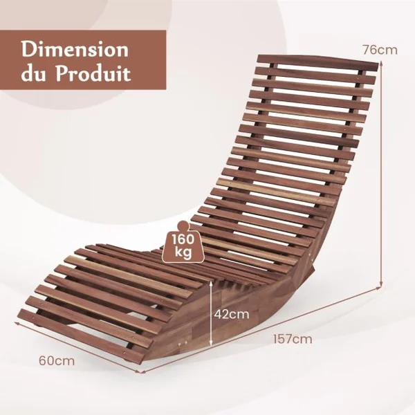 Chaise Longue à Bascule en Bois d'Acacia Conception à Lattes Butées de Fond Charge Max 160KG Transat Ergonomique Naturel