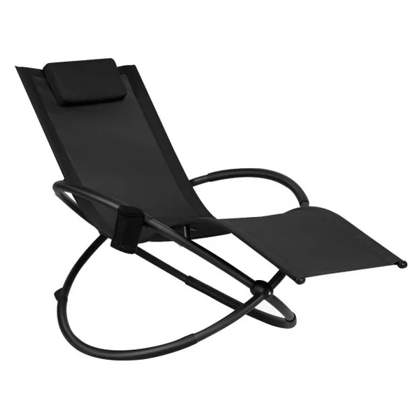 Chaise Longue à Bascule Pliante avec Coussin Repose-Tête Amovible et Porte-Gobelet Noir