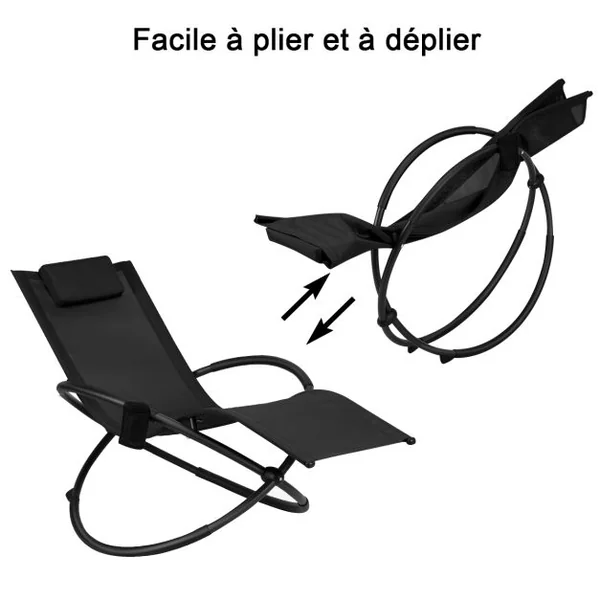 Chaise Longue à Bascule Pliante avec Coussin Repose-Tête Amovible et Porte-Gobelet Noir