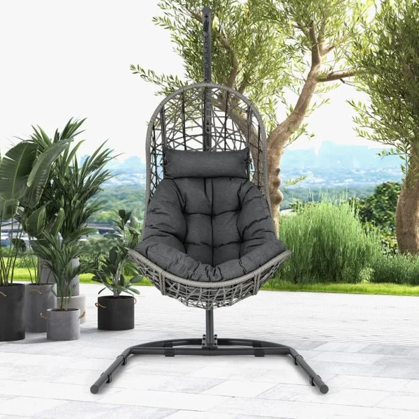 Chaise Oeuf en Rotin PE avec Support avec Oreiller et Coussin Chaise Suspendue avec Accessoires de Suspension Capacité 160 Kg Gris