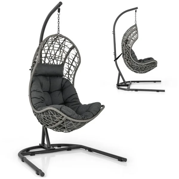 Chaise Oeuf en Rotin PE avec Support avec Oreiller et Coussin Chaise Suspendue avec Accessoires de Suspension Capacité 160 Kg Gris