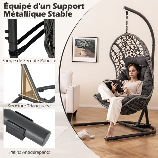 Chaise Oeuf en Rotin PE avec Support avec Oreiller et Coussin Chaise Suspendue avec Accessoires de Suspension Capacité 160 Kg Gris