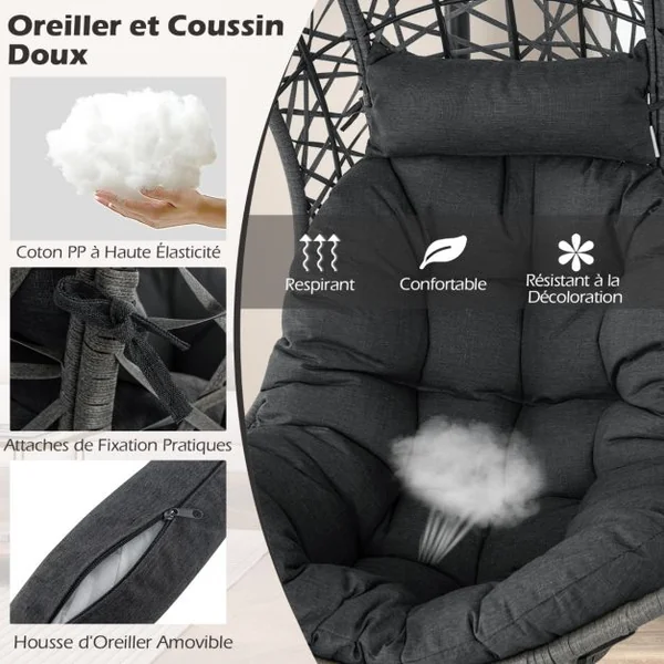 Chaise Oeuf en Rotin PE avec Support avec Oreiller et Coussin Chaise Suspendue avec Accessoires de Suspension Capacité 160 Kg Gris