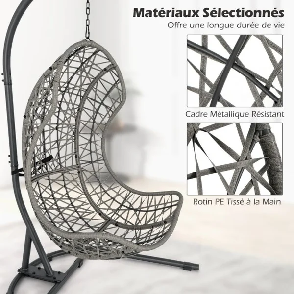 Chaise Oeuf en Rotin PE avec Support avec Oreiller et Coussin Chaise Suspendue avec Accessoires de Suspension Capacité 160 Kg Gris