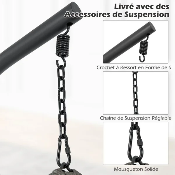 Chaise Oeuf en Rotin PE avec Support avec Oreiller et Coussin Chaise Suspendue avec Accessoires de Suspension Capacité 160 Kg Gris