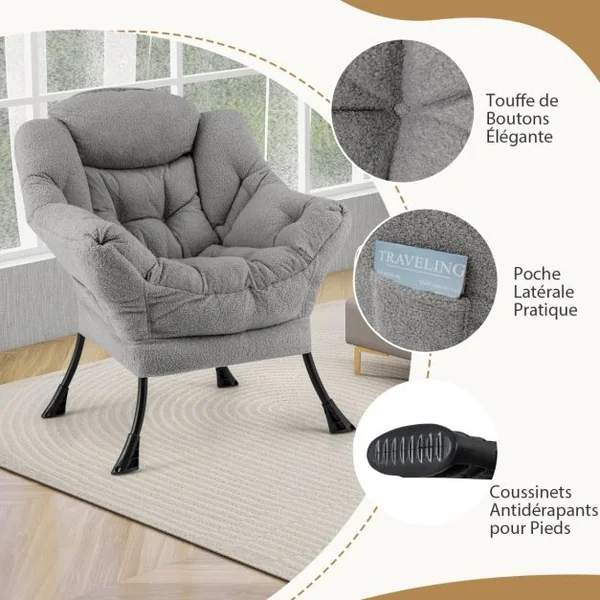 Chaise Paresseuse avec Ottoman Fauteuil de Loisirs Rembourré Sherpa Moderne avec Repose-pied Pliable Coussin de Tête Beige/Gris/Rose