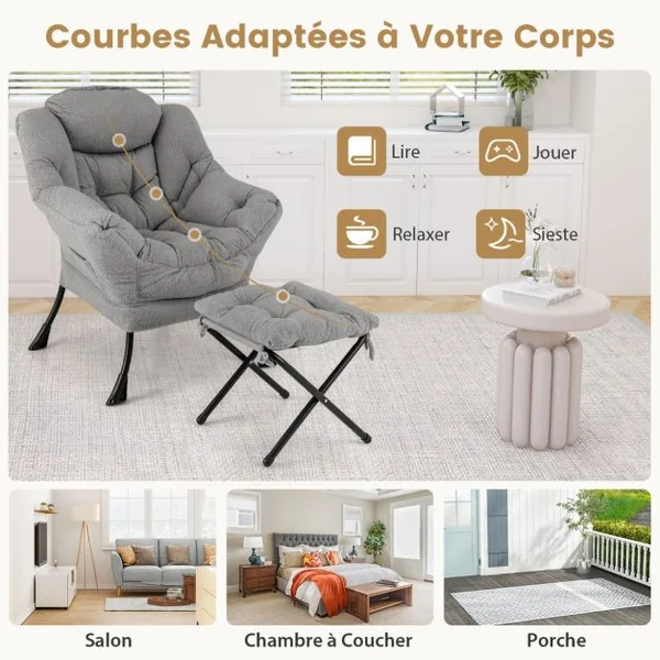 Chaise Paresseuse avec Ottoman Fauteuil de Loisirs Rembourré Sherpa Moderne avec Repose-pied Pliable Coussin de Tête Beige/Gris/Rose