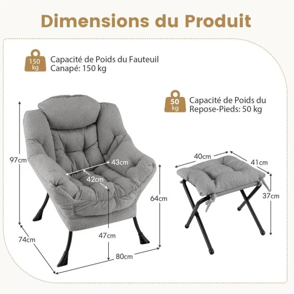 Chaise Paresseuse avec Ottoman Fauteuil de Loisirs Rembourré Sherpa Moderne avec Repose-pied Pliable Coussin de Tête Beige/Gris/Rose
